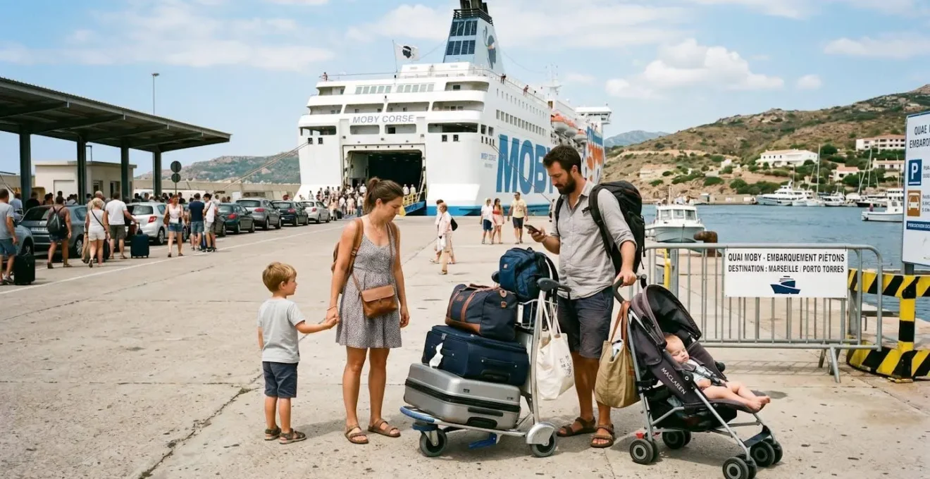 Une famille avec bagages et poussette attendant dans une zone d'embarquement d'un port corse