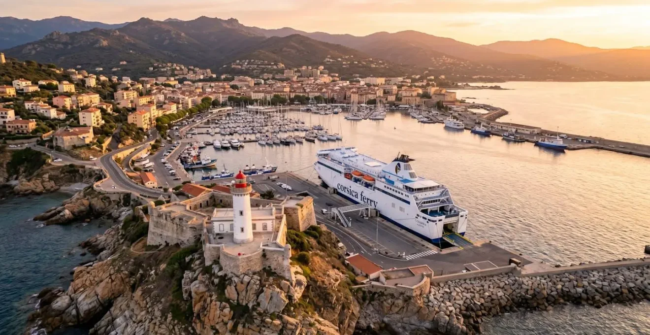 Vue aérienne du port d'Ajaccio avec un ferry à quai et des passagers qui débarquent