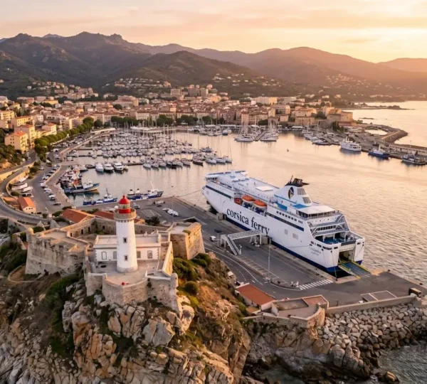Vue aérienne du port d'Ajaccio avec un ferry à quai et des passagers qui débarquent