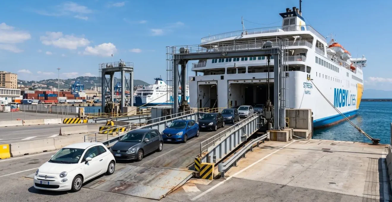 Rampe d'accès d'un terminal ferry avec des véhicules en attente de débarquement